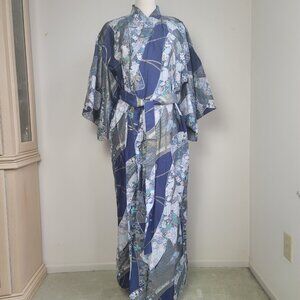 Japanese Blue Gold Cotton Floral Ribbon Open Front Kimono Yukata Robe One Size
